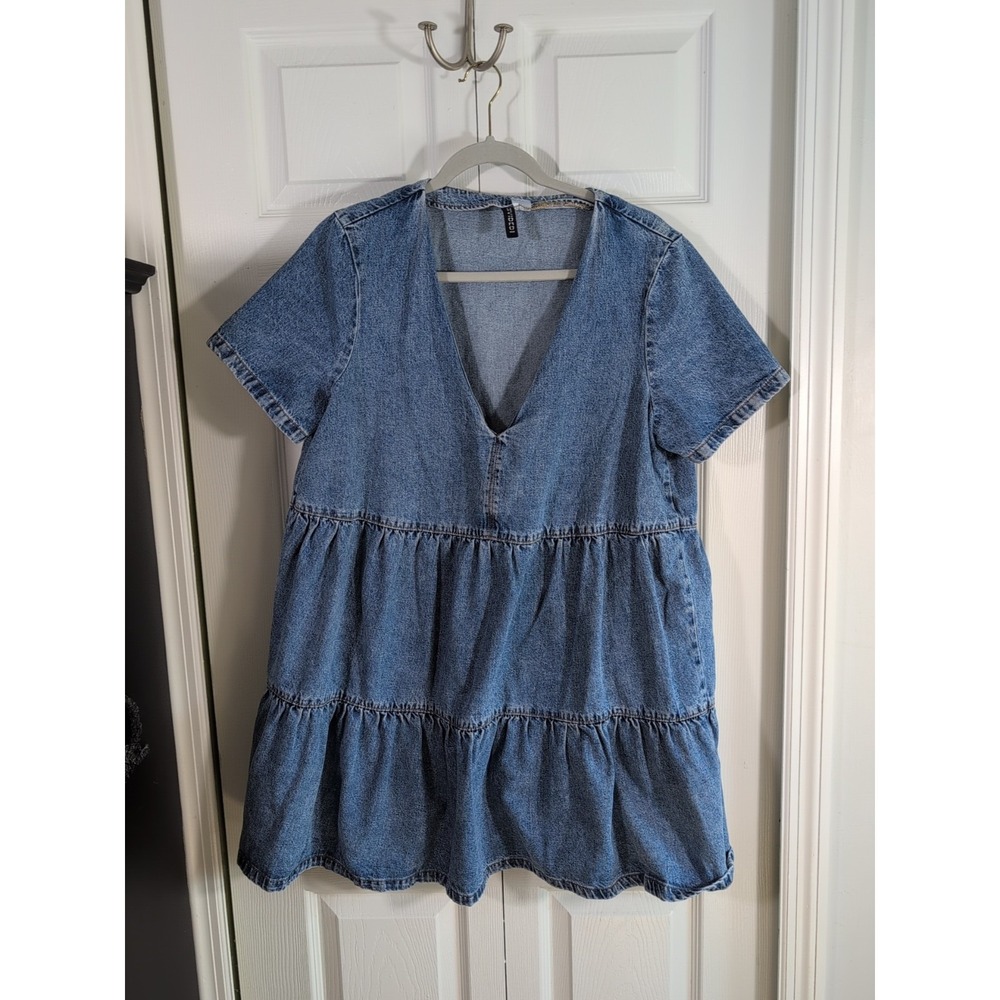 H&M DIVIDED Women's Large Dress BLUE DENIM Flared A-line Tiered‎ Jean